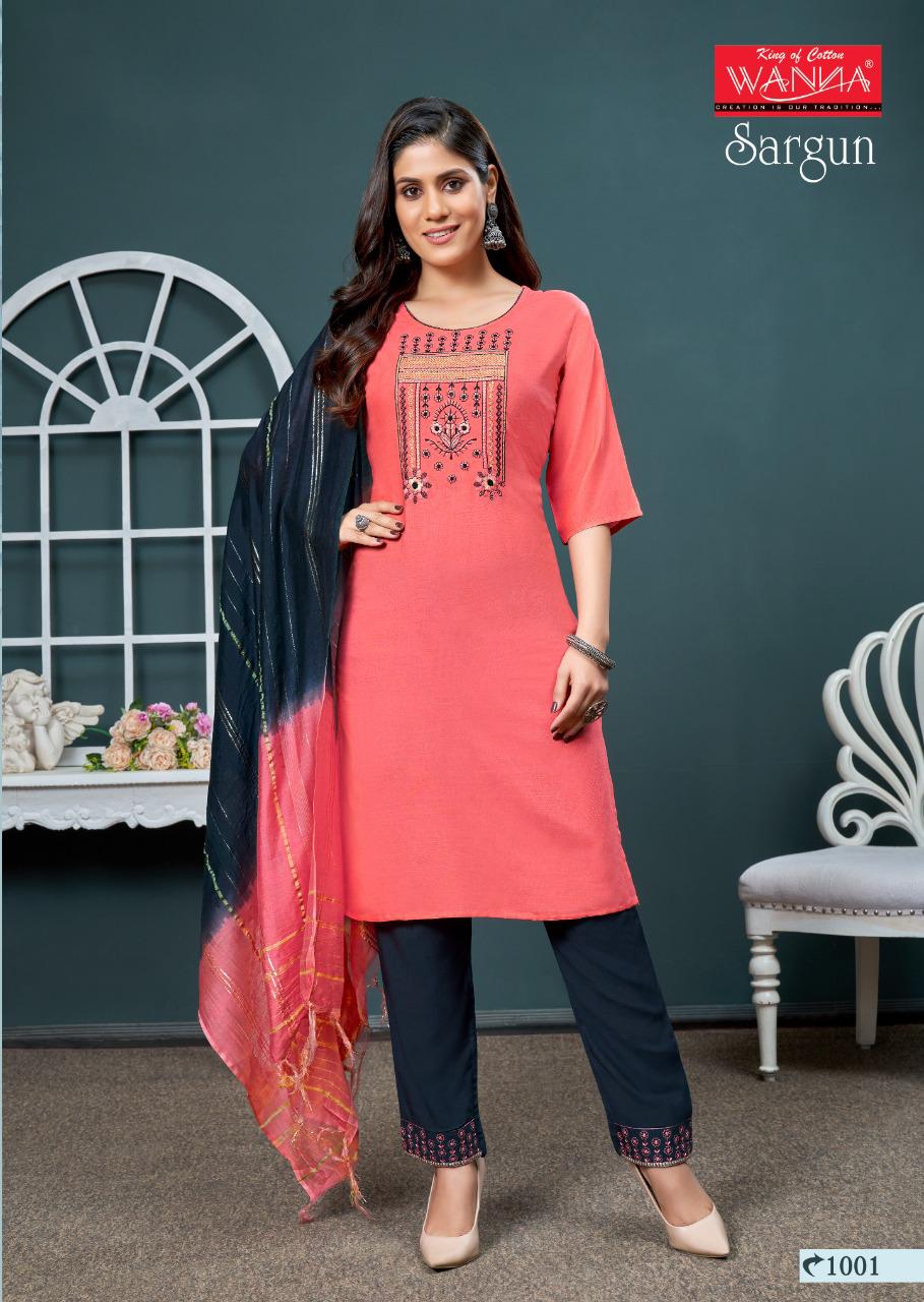 Wanna Sargun Ethnic Wear Designer Rayon Kurti Pant And Dupatta Collection